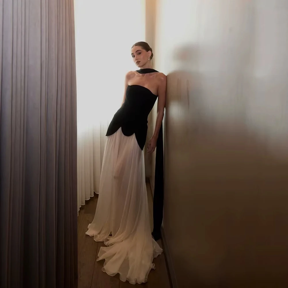 

Customized Black Elegant Evening Dress Strapless A Line Crape Formal Occasion Dresses Women Elegant Prom Gowns