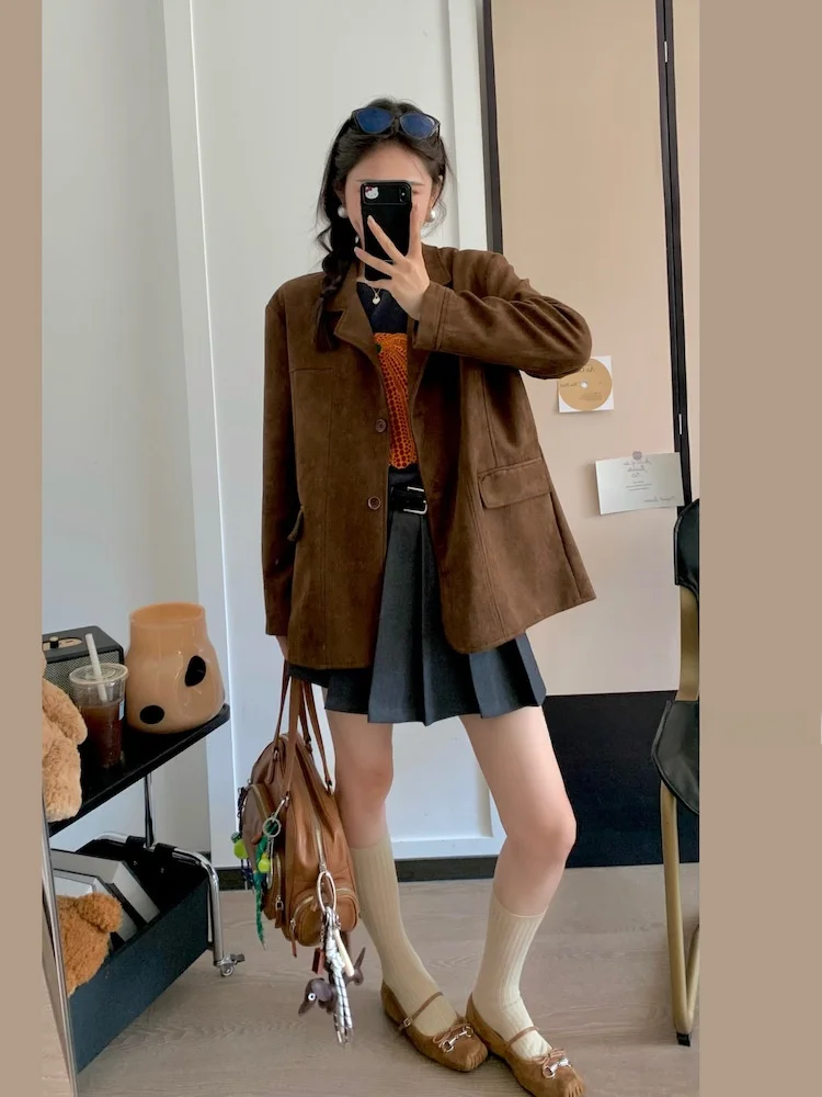 

Женское свободное ретро-пальто из замши цвета Philadelphia Sunset Brown от Zheng Chun Hua Er, в американском стиле, с длинными рукавами