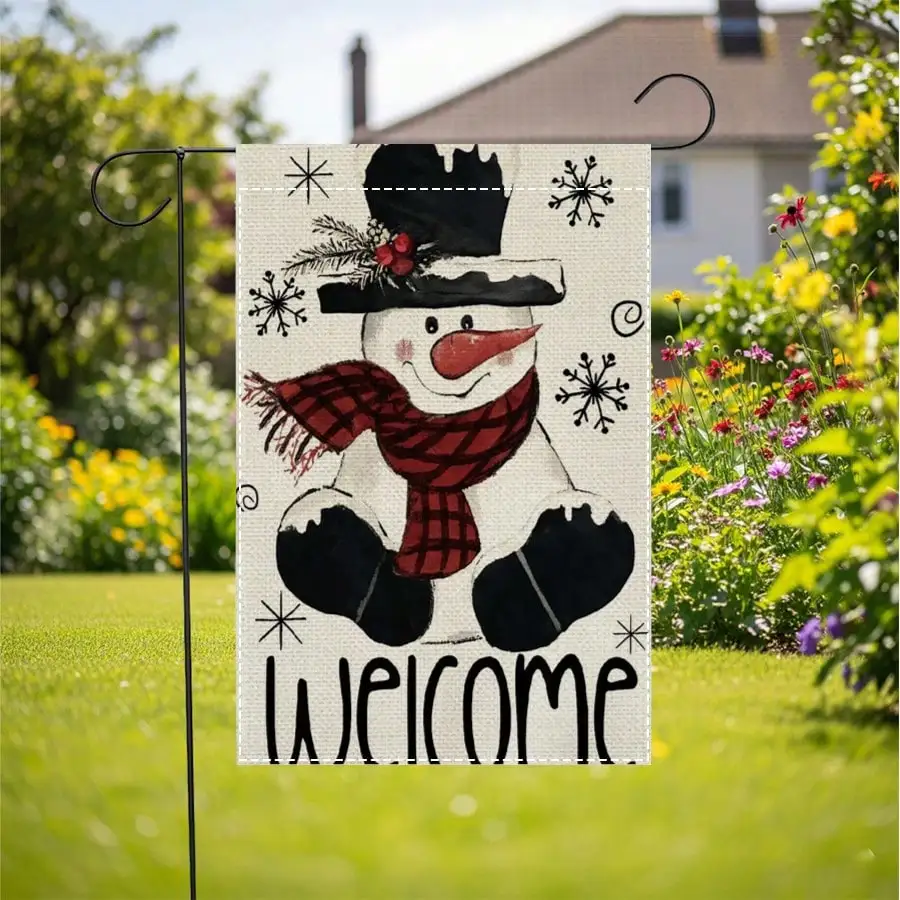 

1pc 12x18 Inch Scarf Hat Snowman Garden Flag Faux Linen Double Sided Outdoor Farmhouse Yard Decor No Flagpole