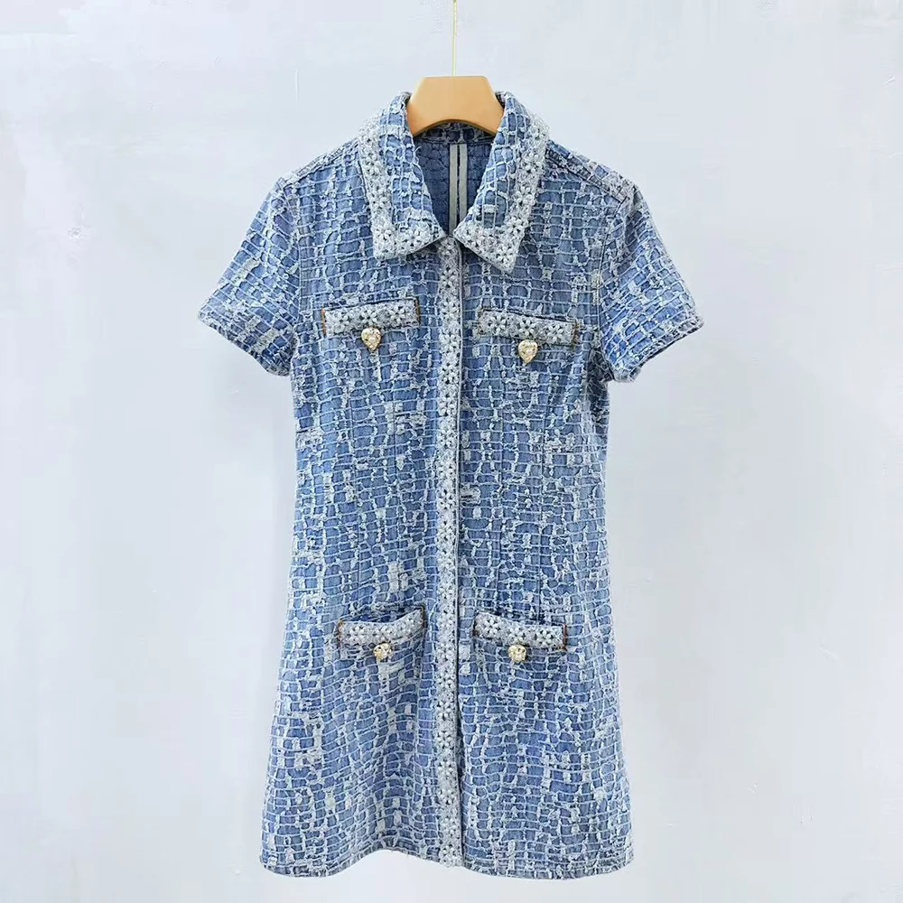 Women 100% Cotton Tweed Mini Dress Lapel Collar Short Sleeve Rhinestone Buttons Pocket Decor Elegant Vintage Party Shirt Dresses