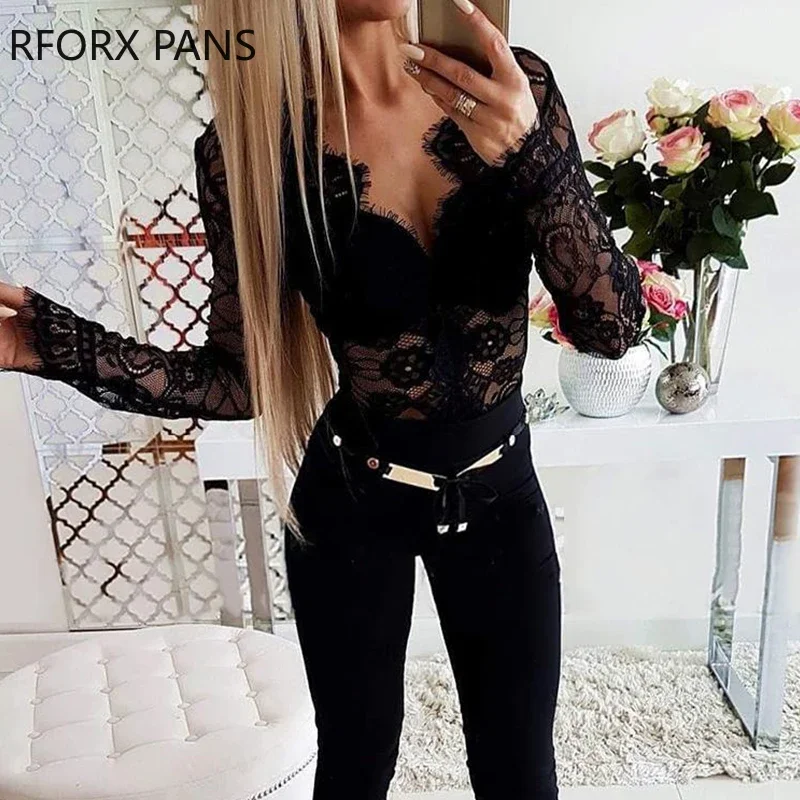 Sheer Eyelash Lace Long Sleeve Bodysuit Long Sleeve Women Tops