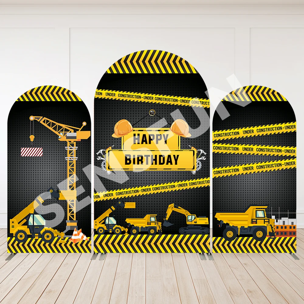 Happy Birthday Under Construction Arch Backdrop Cover Yellow Excavator Boy 1 Year Cake Portrait Photo Background Party Decors