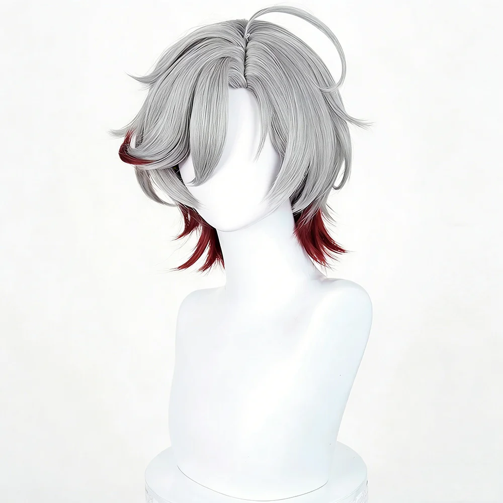 Game Genshin Impact Illuga Cosplay Wig Men Silver Grey Red Mixed Short Hair Heat Resistant Synthetic Wig Halloween Carnival Prop
