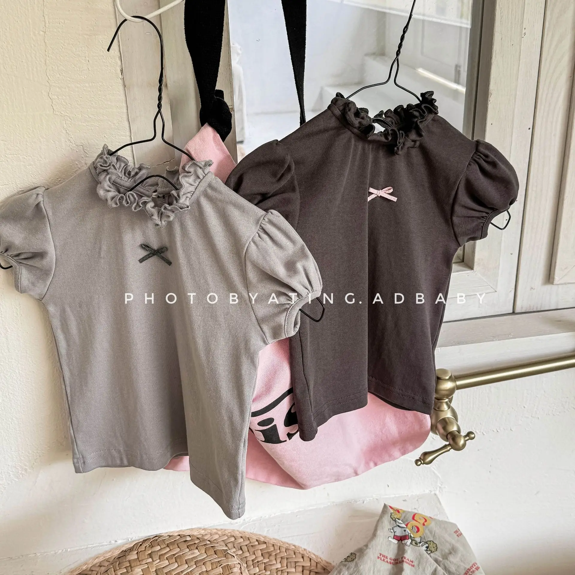 

2025 Summer New Girls Lace Collar Puff Sleeve T Shirts Solid Children T Shirts Cotton Baby Girls Sweet Bow Tops Kids Clothes