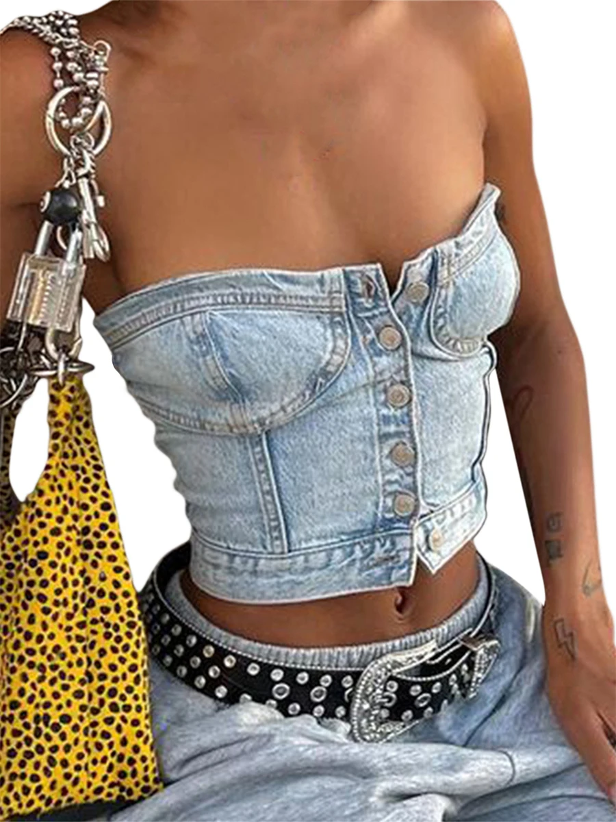 Women Grunge Y2K Denim Crop Top Vest Chic Backless Off Shoulder Strapless Corset Tube Top Sexy Button Up Jeans Camisole Top 90S