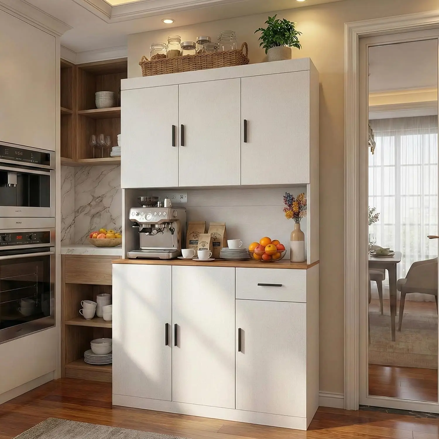71 Inch White Pantry Cabinet with Power Outlet, Heavy-Duty Freestanding Kitchen Storage Organizer with Reinforced, Customized