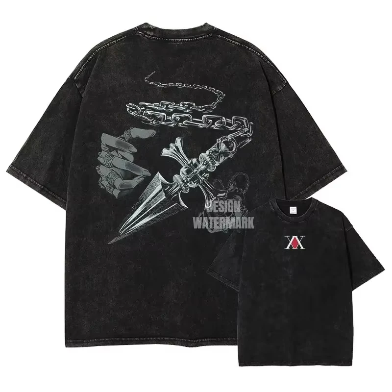 Hunter X Hunter Washed New Model T-shirt Oversized Unisex Couples Streetwear Trendy personality Clothes Y2k Short Sleeves soft