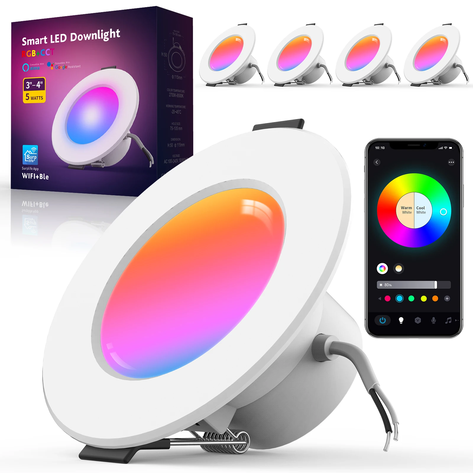 Умный Wi-Fi светодиодный встраиваемый светильник 5 Вт для Bluetooth RGBCW, меняющий цвет, потолочный светильник с регулируемой яркостью, совместимый с Alexa и Google