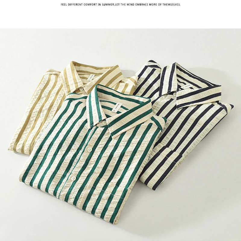 2024 Spring Summer New Simple Fresh Striped Short Sleeve Shirts Men Clothing Casual Cotton Thin Comfortable Streetwear CM8022