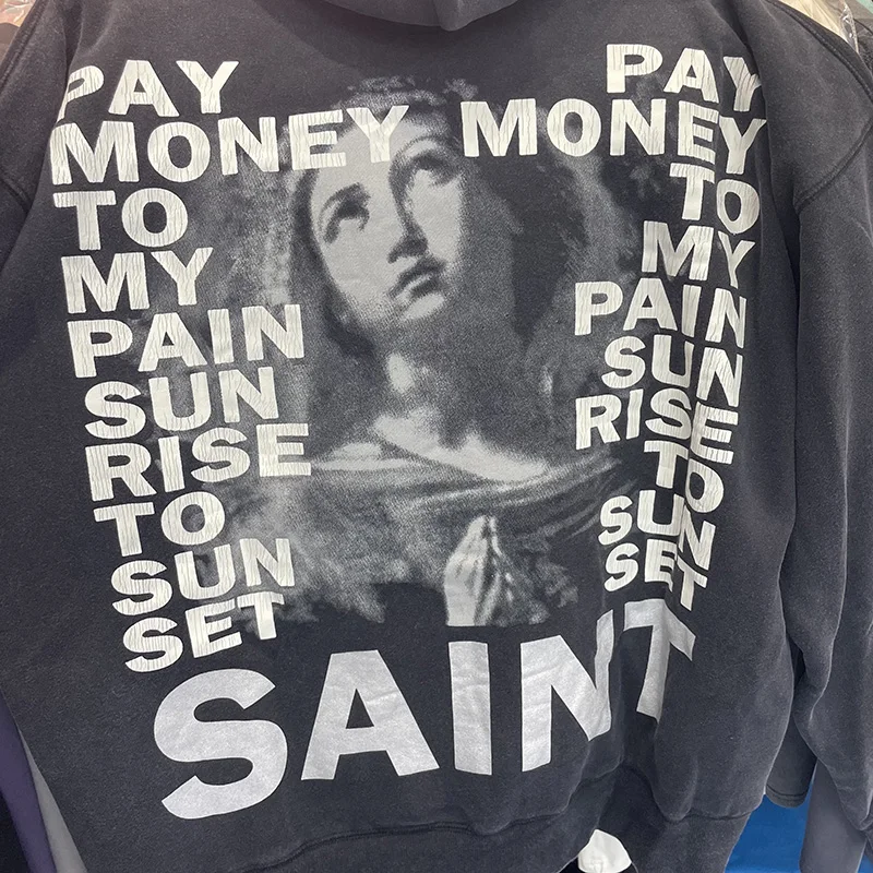 Heavy Fabric Cotton Oversized Saint Hoodie Hooded Men Women Vintage Washed Black Banknote Graphics Printing Pullovers With Tag