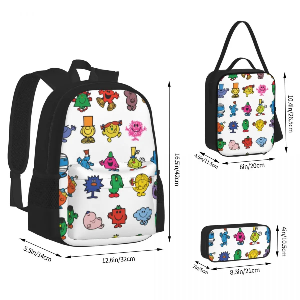 Little Miss And Mr. Men Backpacks Children Bookbag School Bags Rucksack Lunch Bag Pen Bag Three-Piece Set