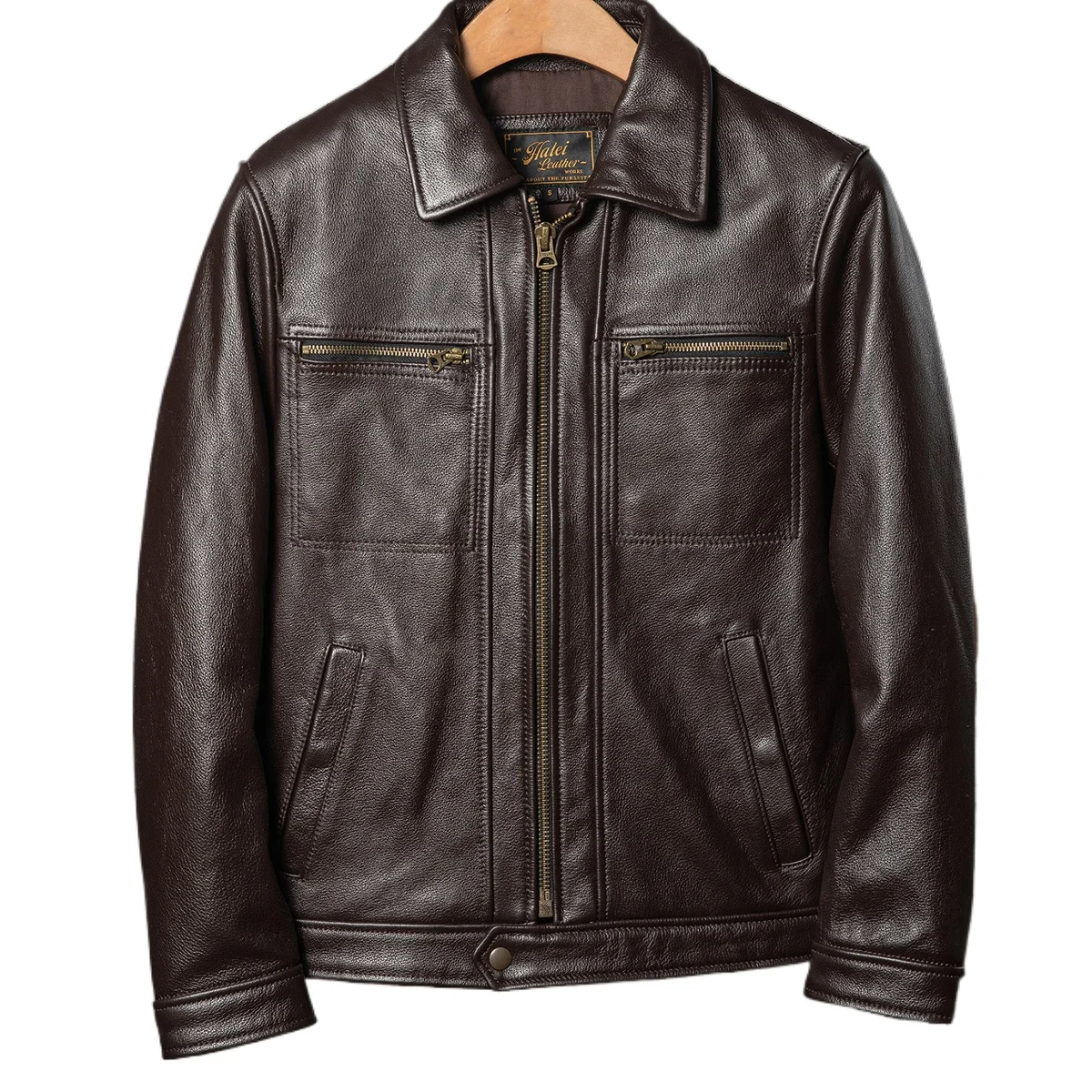 Men's Genuine Cowhide Leather Work Jacket Black Brown Pebbled Grain Zip Front With 2 Zip Flap Pockets Brass Hardware Chore Style