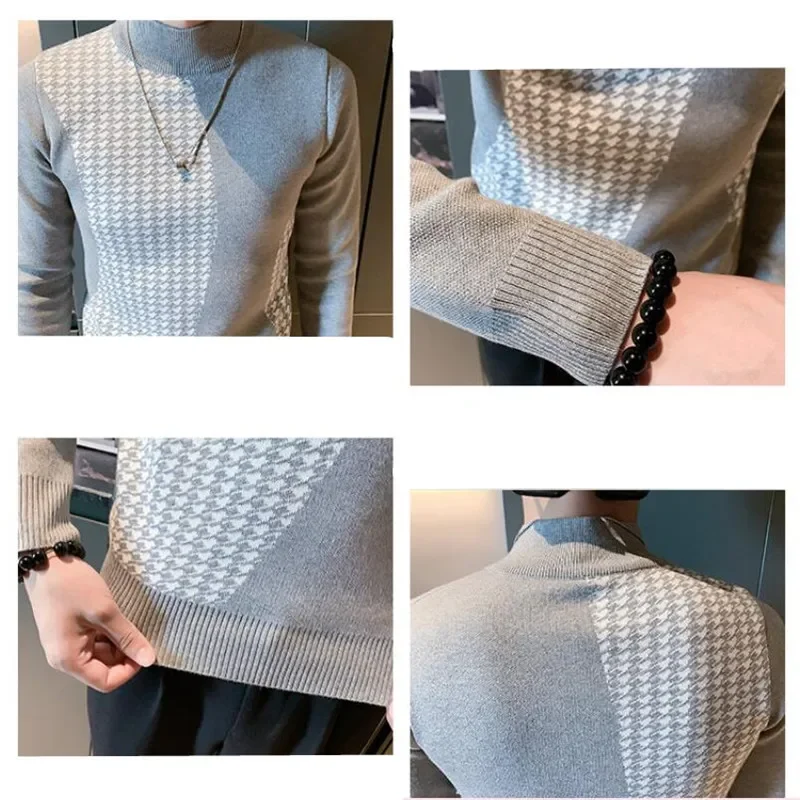 Men Autumn Winter High Quality Knitted Sweaters/Male Slim Fit Fashion Plaid Casual Pullover/Man Long Sleeve High-neck Sweaters