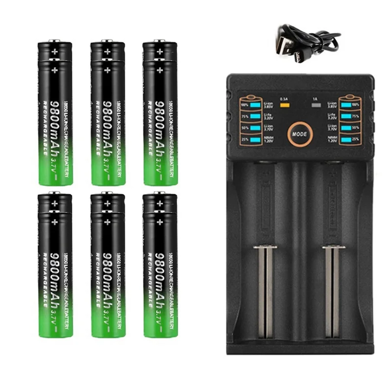 1Pcs 2-Slot Li-Ion Battery Charger + 6Pcs 3.7V 18650 9800MAh Battery for Rechargeable Battery 18650/26650/AA/AAA Etc