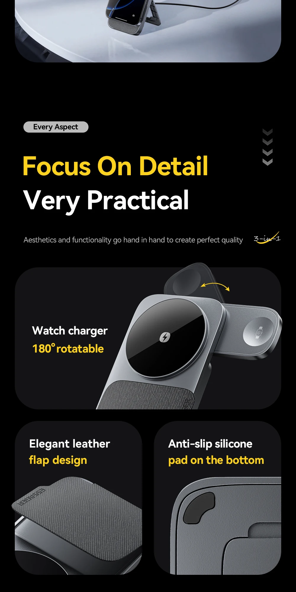 Essager 3-in-1 Portable Folding Wireless Charger Stand 15W Magnetic for iPhone 1716/15 AirPods Apple Watch MagSafe Fast Charging