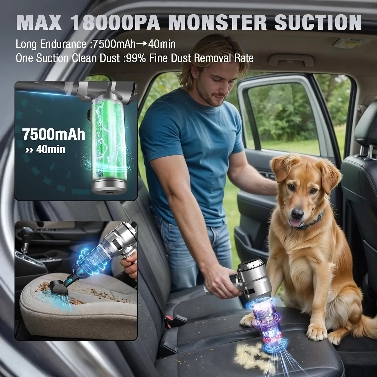مكنسة كهربائية للسيارة بقوة 18000 باسكال، وقت تشغيل 40 دقيقة، لاسلكية 4 في 1 مع محرك بدون فرش #5