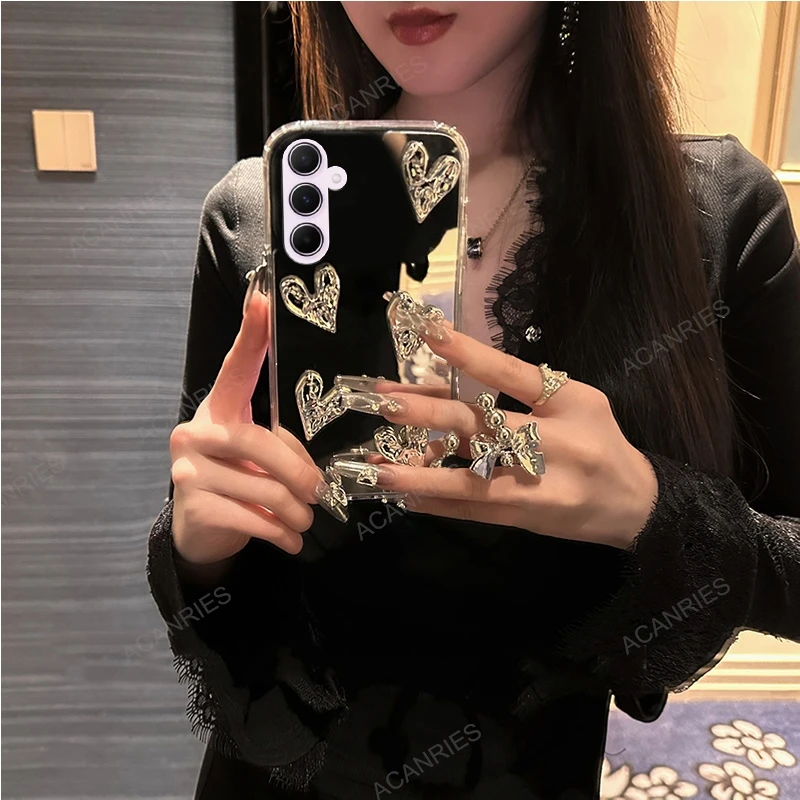 A 55 54 35 15 14 Glitter 3D Love Heart Mirror Silicone Case For Samsung Galaxy A55 A54 5G A35 A34 A24 4G A15 A05s A14 A05 Cover