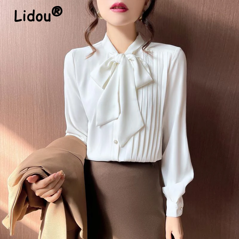 

Women Bow Tie Ruffled Designer Elegant Chic Shirts Fashion White Office Lady Business Casual Blouses Long Sleeve Tops Blusa Ropa