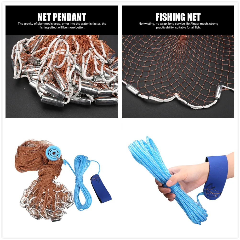 Fishing Cast Nets With Sinker 2.4m/3.6m/4.8m Radius Hand-Throwing Fish Trap Nets Heavy American Network With Shrimp Basket