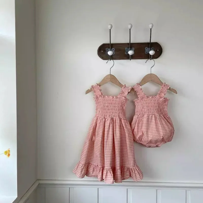 Family Matching Clothes Summer Dress Plaid Mother Daughter Baby Girl Sleeveless Dress Women Dress Birthday Party Dress