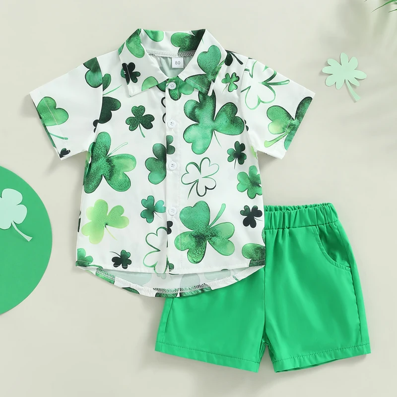 Toddler Baby Boy St Patricks Day Outfit Irish Clover Print Short Sleeve Button Down Shirt Shorts 2Pcs Summer Set