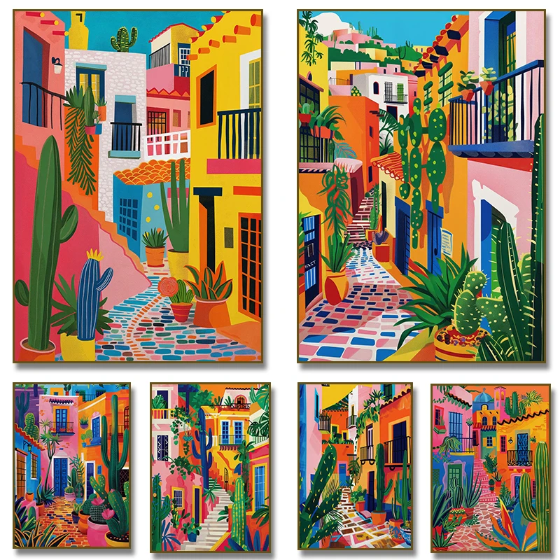 1PC Impression d'art décorative sans cadre, Affiche murale colorée de cactus de rue mexicain, Tableau d'architecture bohème sur toile