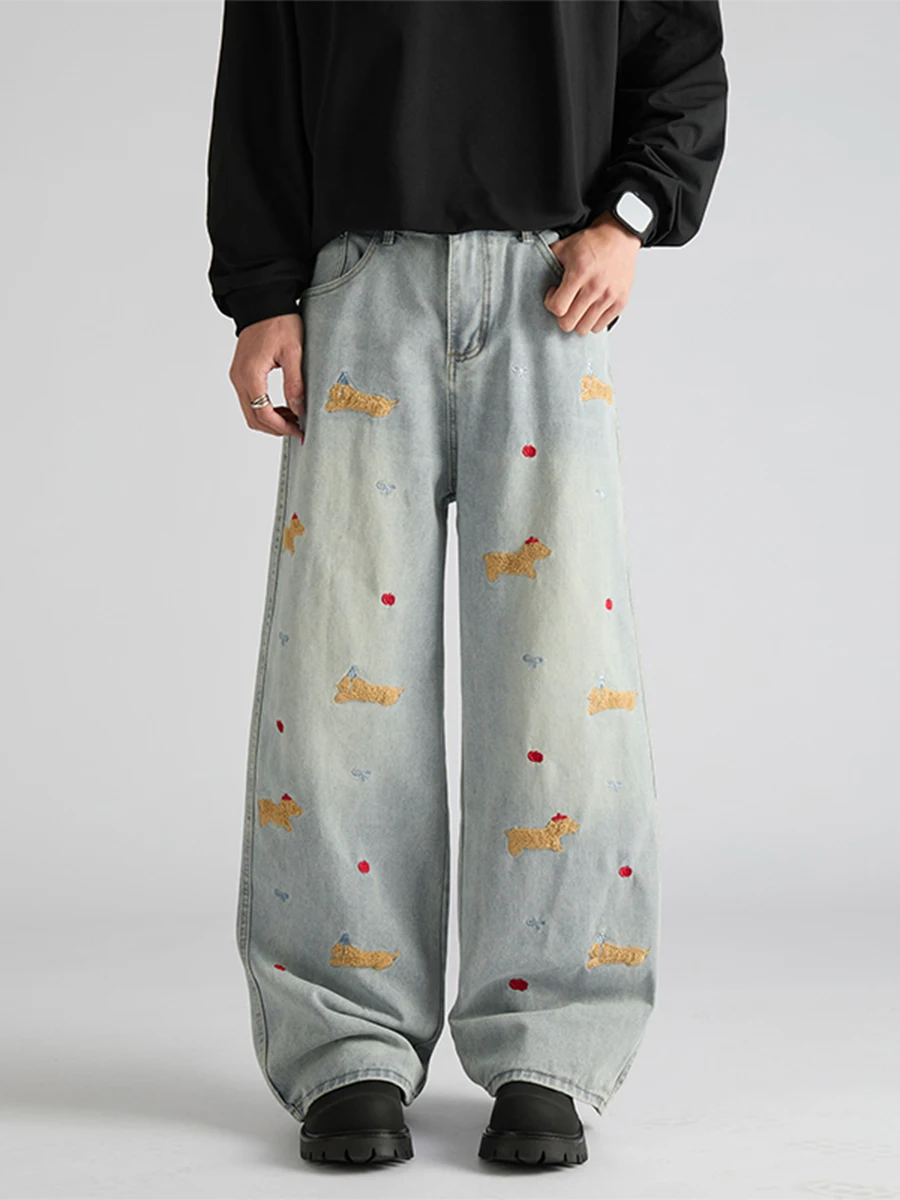 

Джинсы BOYUE с вышивкой в виде мультяшного таксы, повседневные, унисекс, прямые, стройнящие, модные, длинные, со средней посадкой, широкие штанины