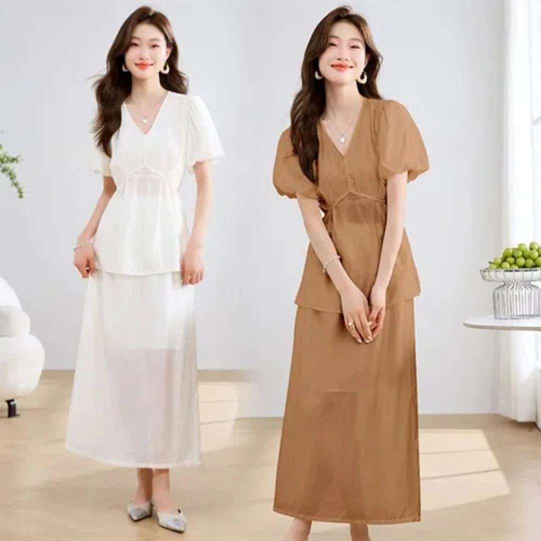 

PRETTYGARDEN 2024 Women's V-Neck Elegant Fashion Hem Short Sleeve Hollow Out Hem A-Line Fringe Long Dress Two Piece Set