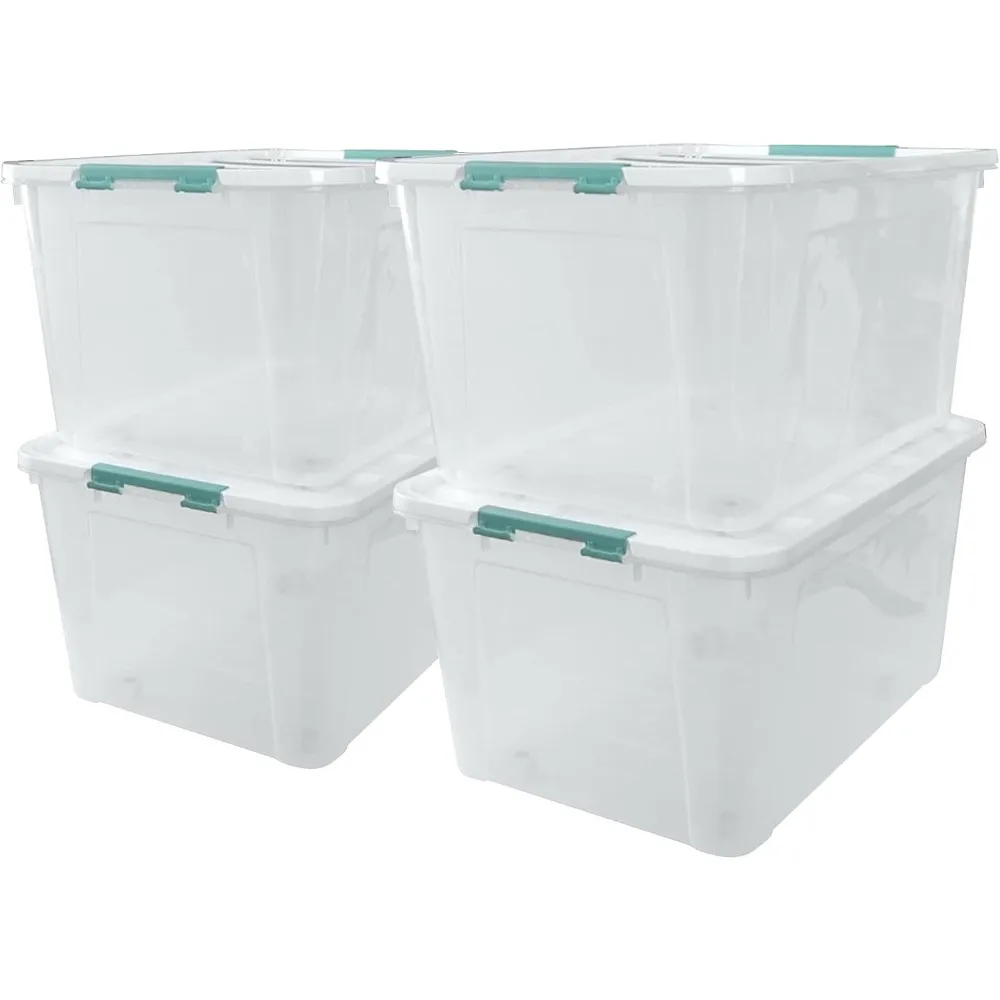 

85 Quart Clear Storage Bin on Wheels, 4-Pack Large Plastic Latching Box