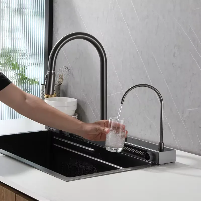 2024 New Smart Single Basin Digital Kitchen Sink 304 Stainless Steel with Piano Keys Waterfall Faucet and Glass Washer