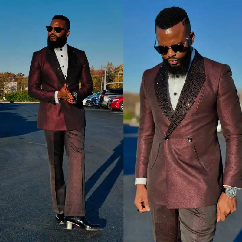 Costumes à paillettes pour hommes, 2 pièces, châle à revers, veste à Double boutonnage, Blazer, Tuxedos sur mesure pour marié, Occasion de mariage