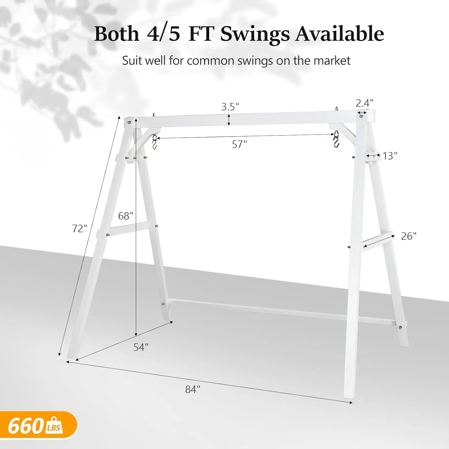 VINGLI 5 FT veranda-schommel voor buiten met frame, robuuste 880 LBS terrashangschommel met standaard voor achtertuin en tuin, wit