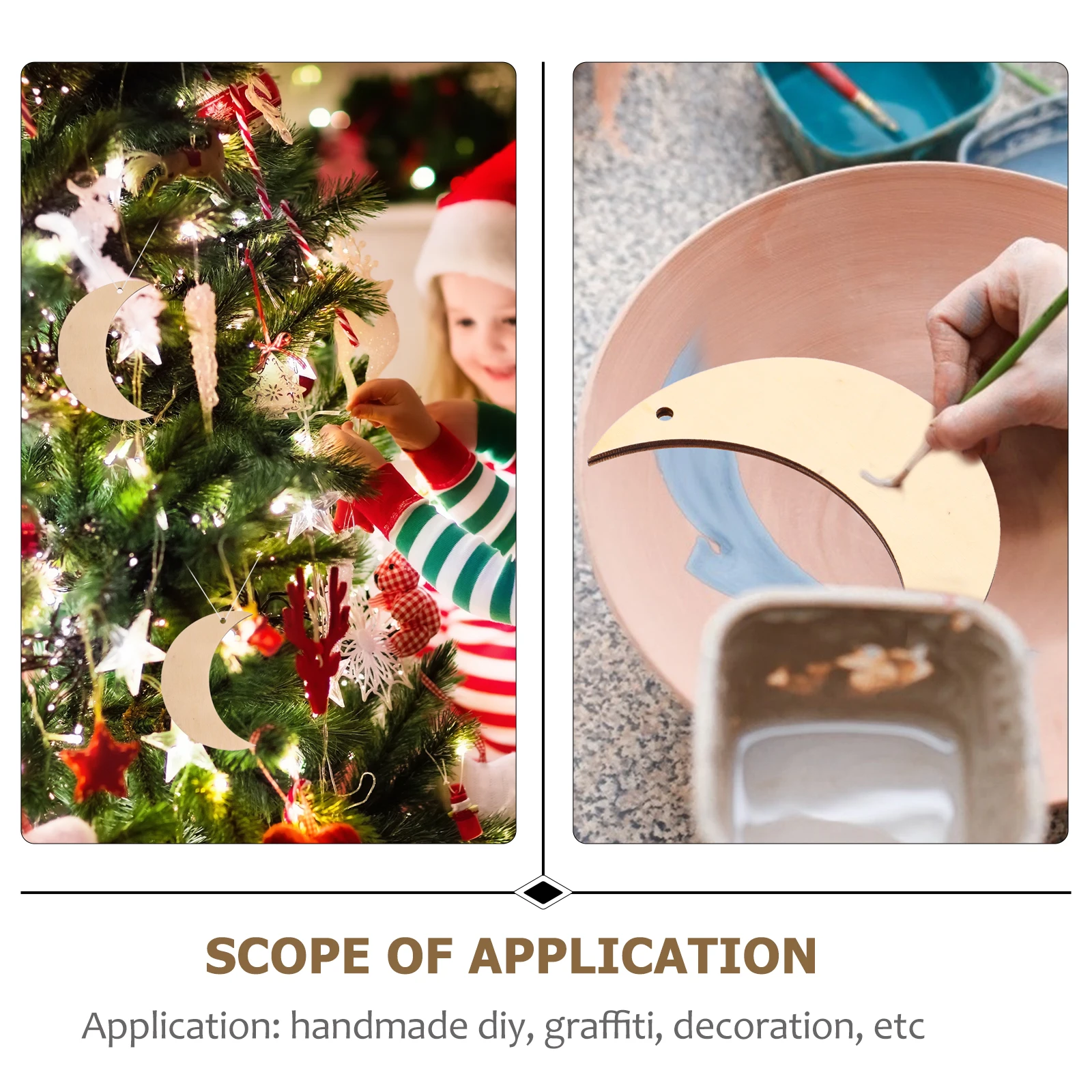 

10pcs Wooden Moon Shape Hanging Ornaments Unfinished Natural Wooden Slices For Diy Christmas Decor Crafts Wedding Party Pendant