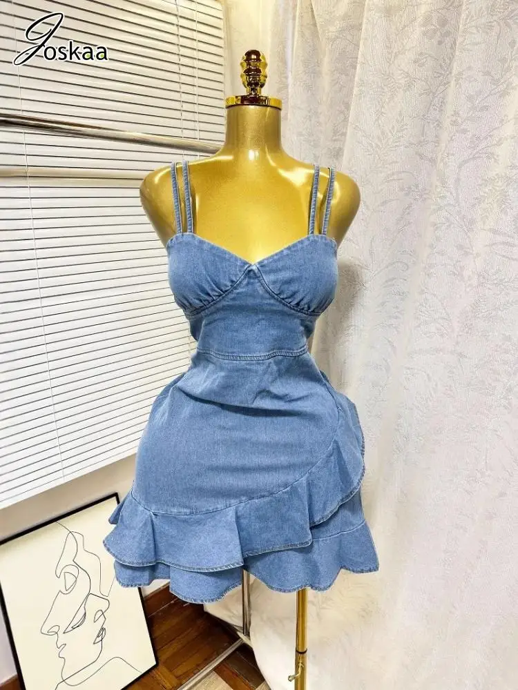

Joskaa 2025 Summer Women Sexy Spaghetti Strap V-Neck Ruffles Hem Body-Shaping Denim Mini Dress Holiday Birthday Party Clubwear