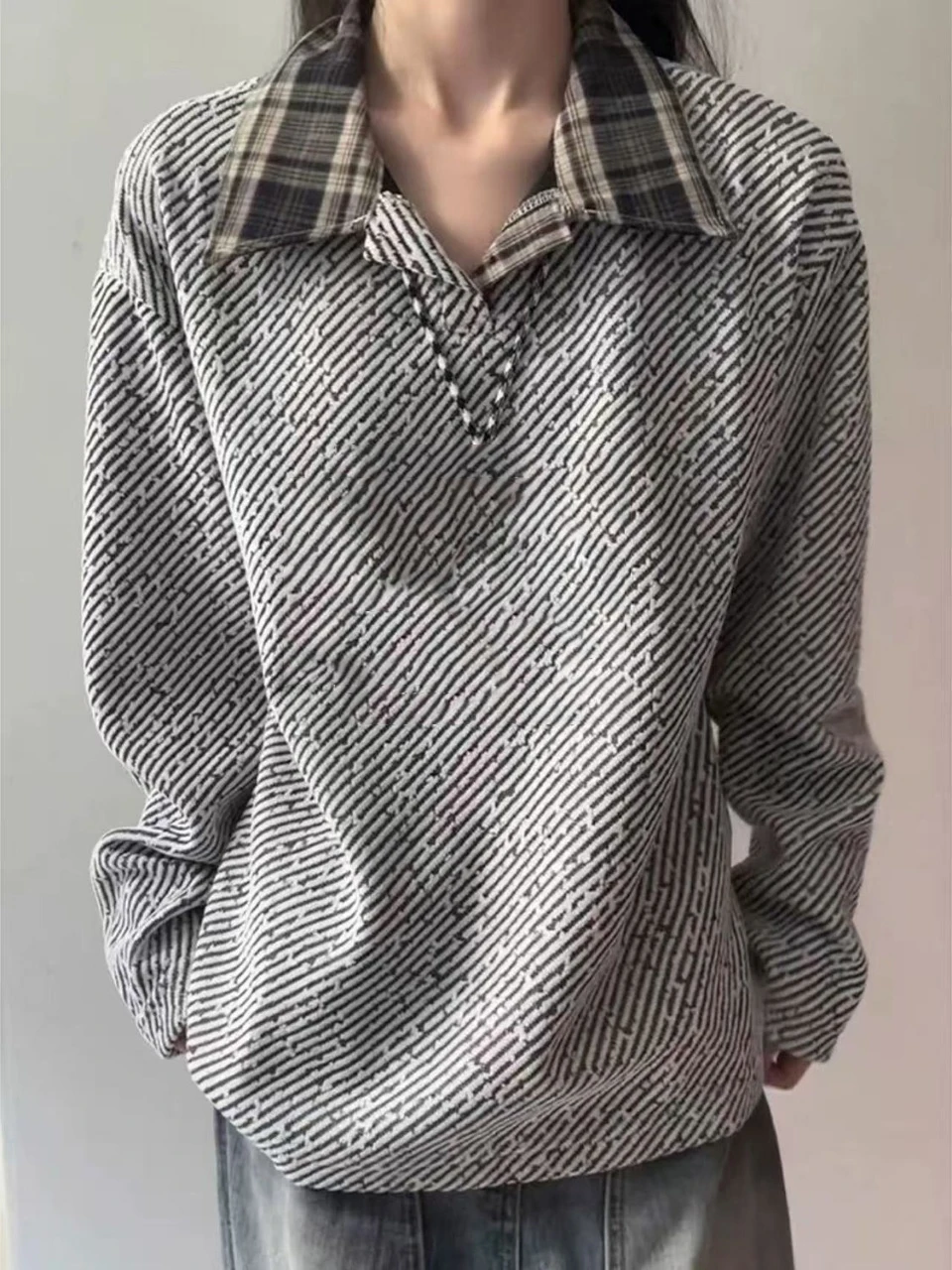 

Autumn loose plus casual women's long sleeved T-shirt American retro collar POLO knitted fake two-piece women's top