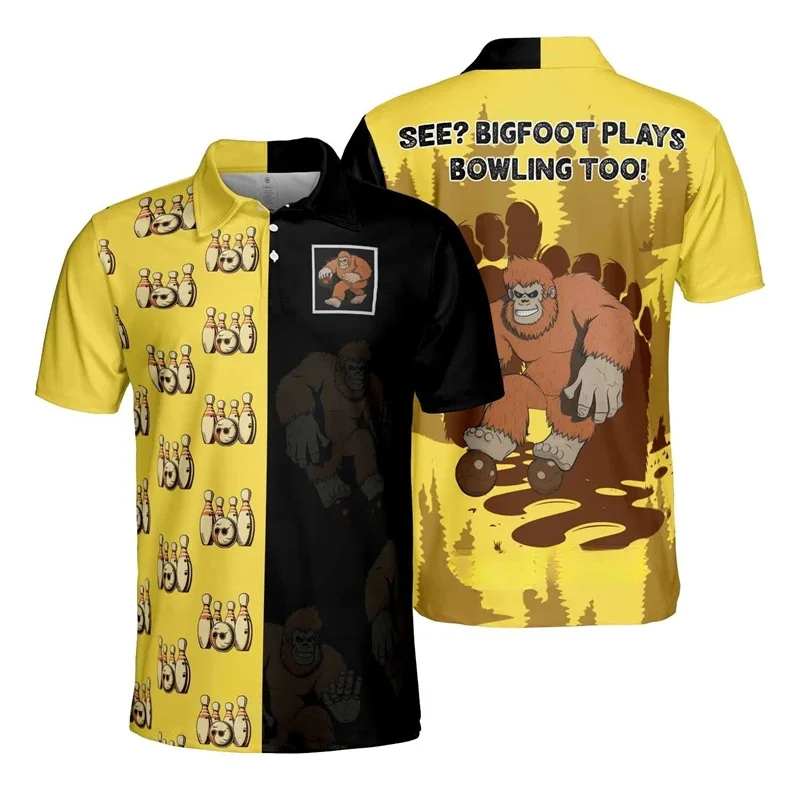 Bowling Pattern Polo Shirt For Men Gutterball Club 3D Printed T-Shirts Summer Street Sport Short Sleeve Lapel Tops Button Tees