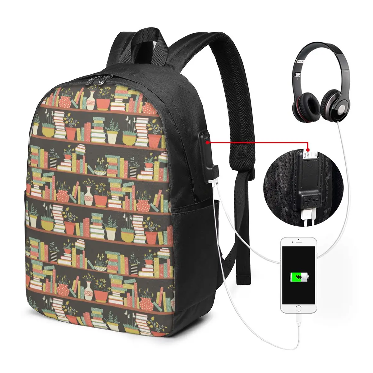 Colorful Bookshelf And Flower Backpack Travel Notebook Bag Computer College Student School Bag Laptop Shoulder Bags Men Women