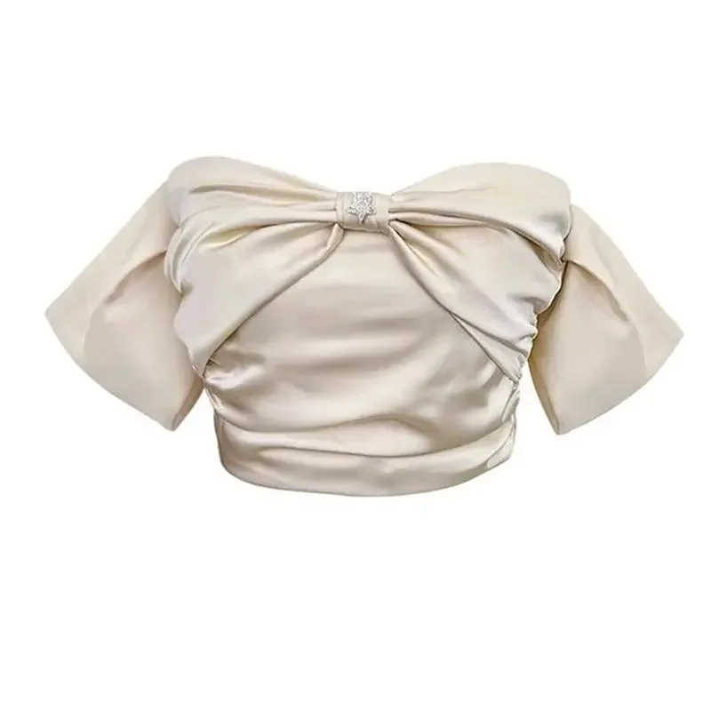 

One shoulder short sleeved shirt for women in summer 2024, new bow satin pure sweet and spicy girl short fit slim top