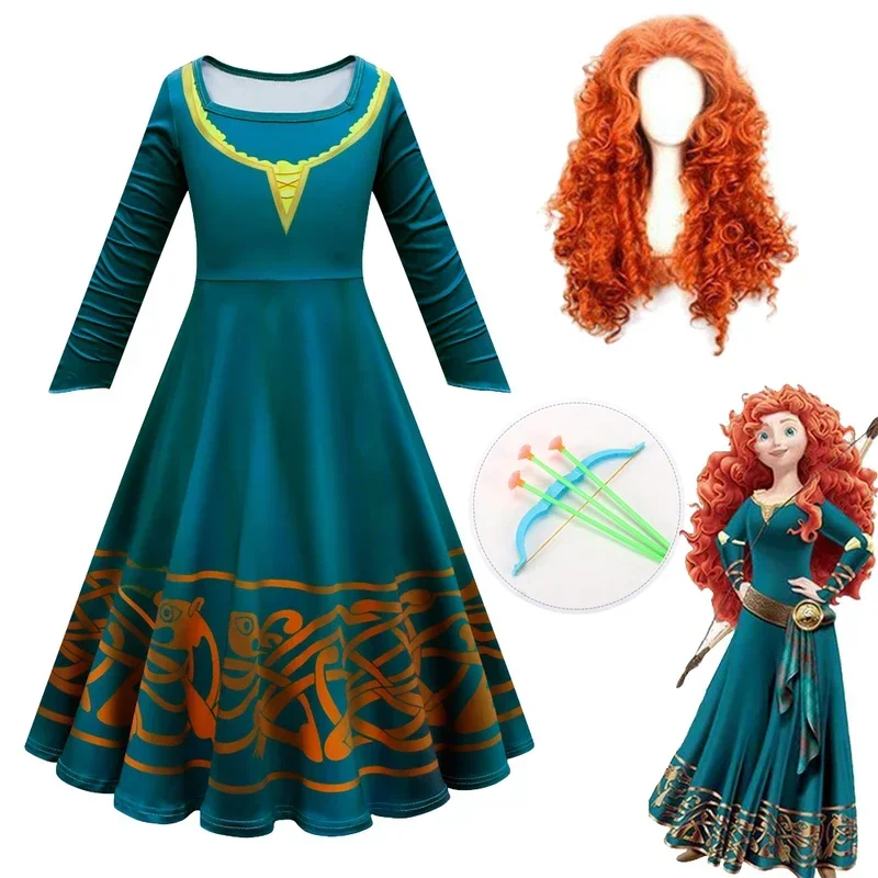 Hot Movie Brave Merida costume for Girls Halloween Princess Dress Wig Kids Carnival Fantasia Children Xmas Party Cosplay