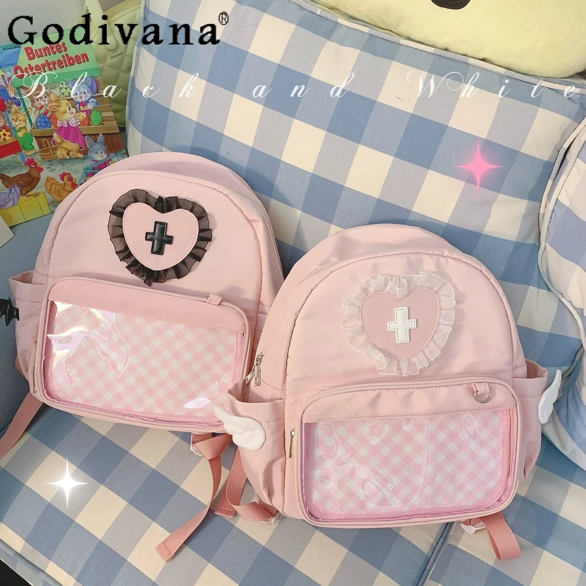 

Original Japanese Mine Series Mass Production Pink Backpack Student Cute Kawaii with Winged Shoulders Bag Womens Y2k Bags 2024