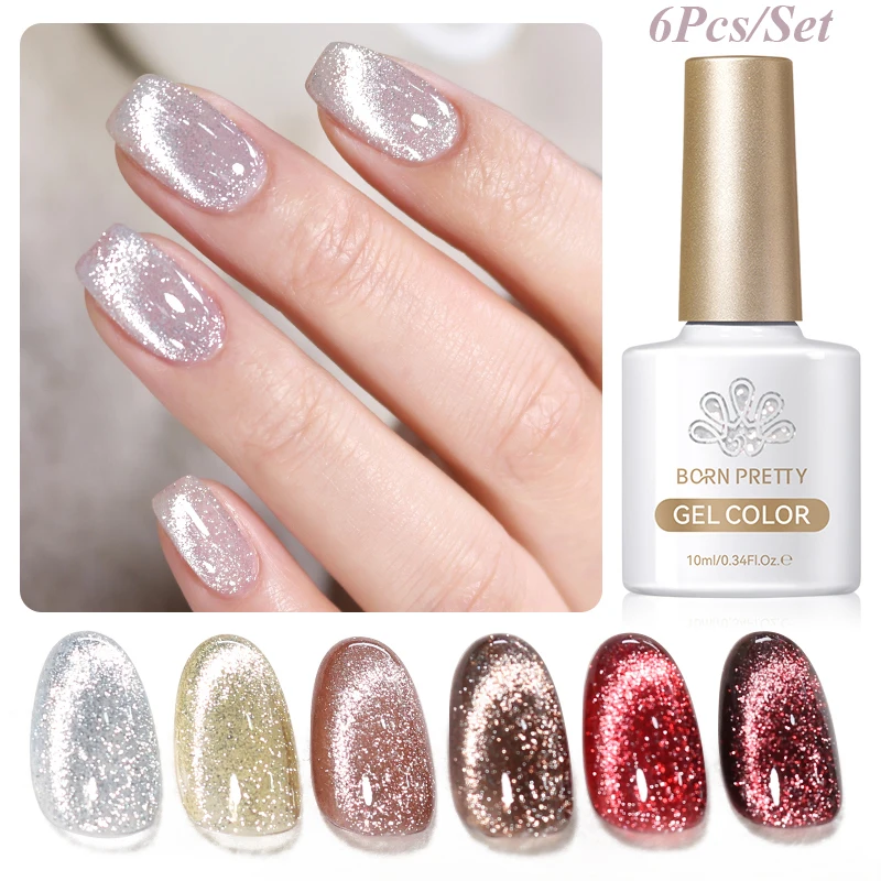 

BORN PRETTY 10ml 6 Colors Silver Gold Shimmer Reflective Cat Magnetic Gel Set Ultra Shine Soak Off UV Gel Nail Art Varnish