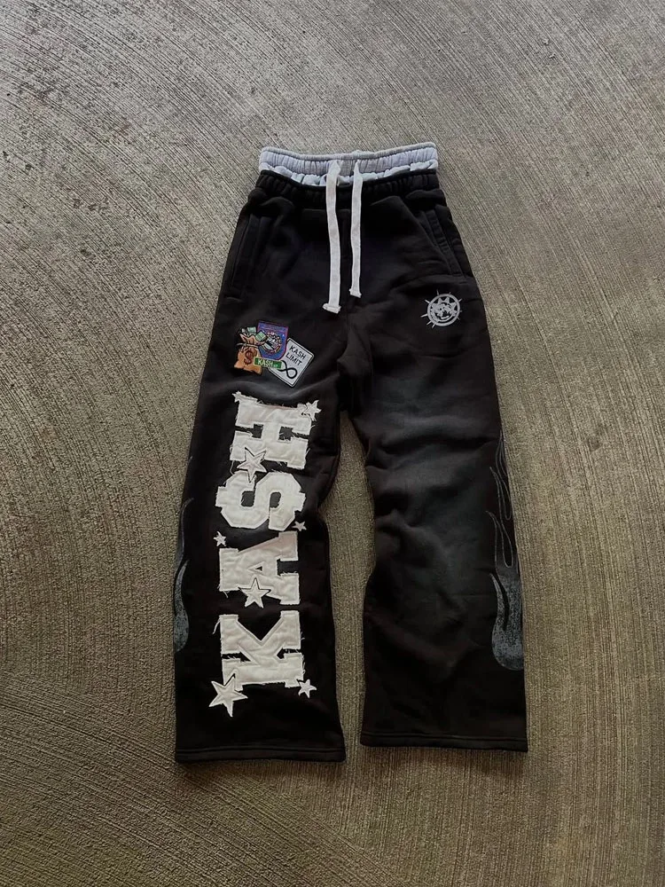 Y2K Vintage Washed Double Waist Sweatpants Patch Letter Star Graphic Wide Leg Flare Street Hip Hop Casual Pants