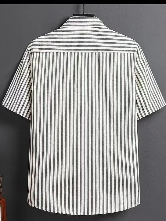 Ice Silk Short Sleeve Shirt Men's Summer New Fashion Casual Thin No Ironing Stripe Cool Feeling Shirt Standard Fit Button Detail