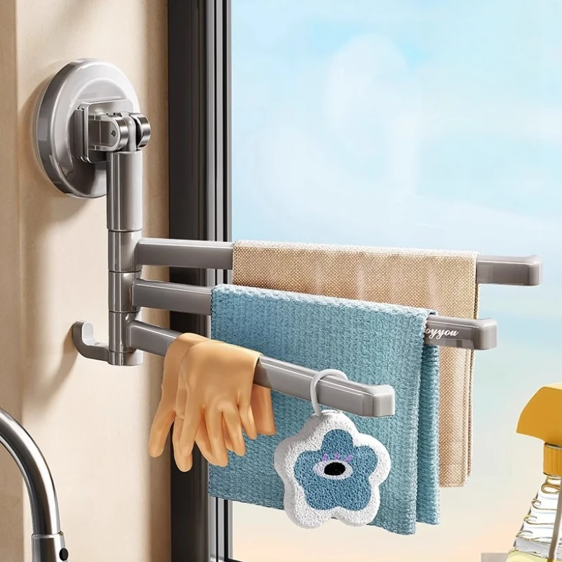 

Suction Cup No-punch Bathroom Rotating Towel Rack Bathroom Multi-rod Drying Rack Towel Bar on Wall Storage Rack
