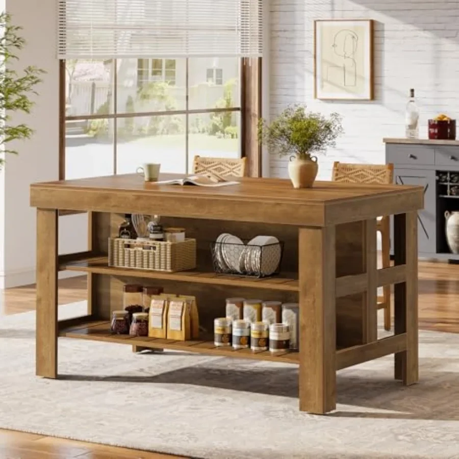 Kitchen island for cooking and dining, solid wood construction, natural oak finish, spacious storage + built-in seating