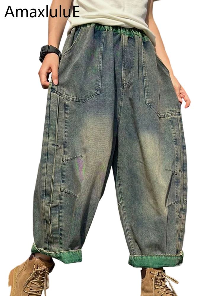 

Amax LuluE 2026 Korean Design Vintage Denim Pants Womens Summer Classic Causal Jeans Female Loose Fashion Elastic Waist Trousers
