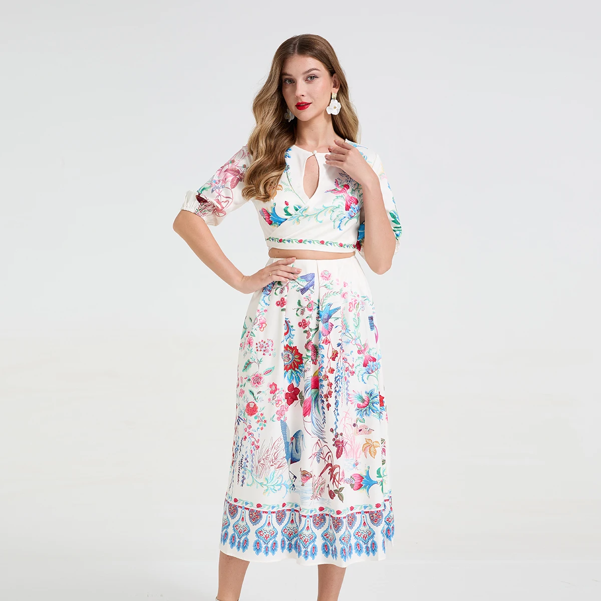 Set gonna a due pezzi da donna con decorazione stampata retrò estiva Set girocollo con maniche a tre quarti + set gonna longuette svasata a vita alta