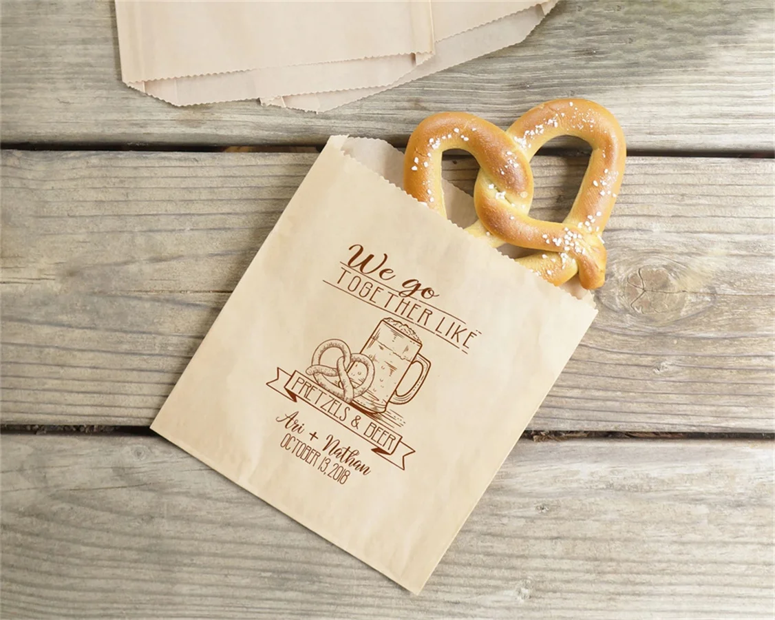 50 Beer and Pretzel Wedding Favor Bags, Oktoberfest Engagement Party, Barn Wedding Pretzel Sacks, Kraft Paper - Personalized