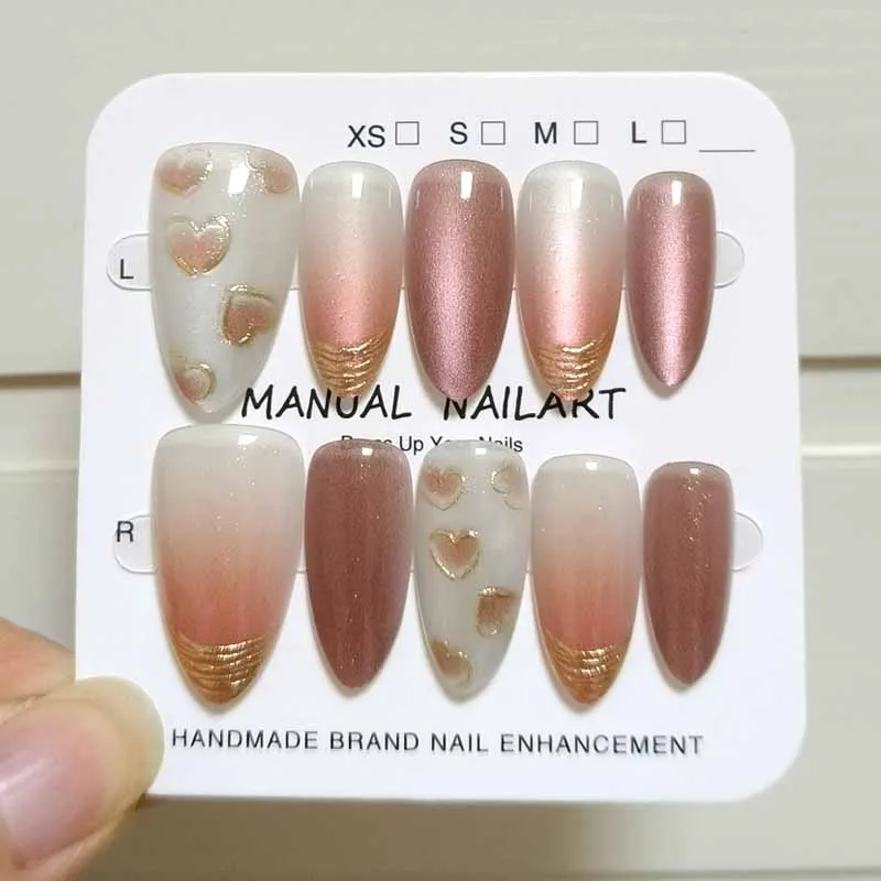10Pcs Short Almond Purple Tulip with Cat's Eye Press on Nails Gilded 3D Heart-shaped and White Jade and Silver Bamboo Fake Nails