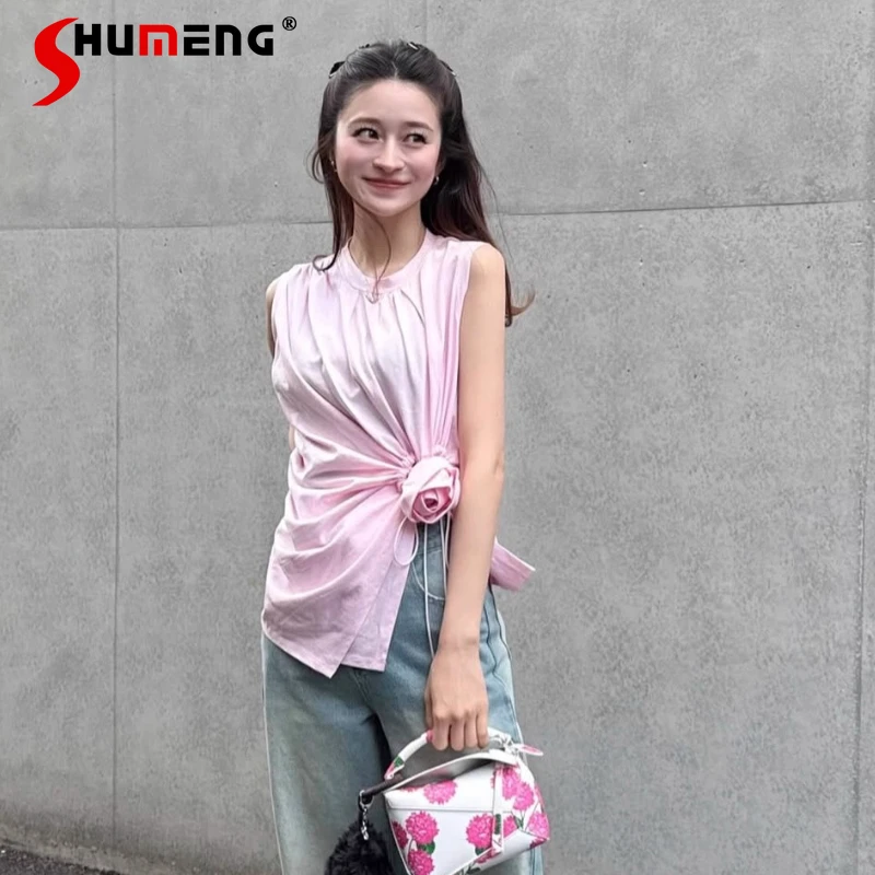 

Japanese Sweet Fashion Pink Sleeveless Top Summer Girl's Woman's Slim Three-dimensional Rose Lace-up T-Shirts Daily Basic Top